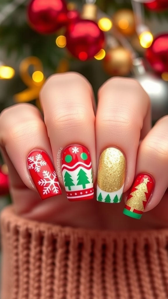 Colorful 80s Christmas nail art with geometric patterns and festive designs.
